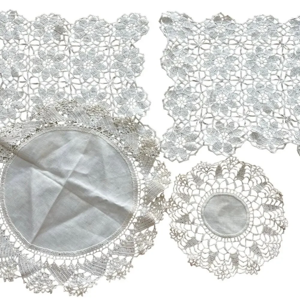 Vintage lot of handmade crochet lace trimmed doilies creamy white 4 pcs variety